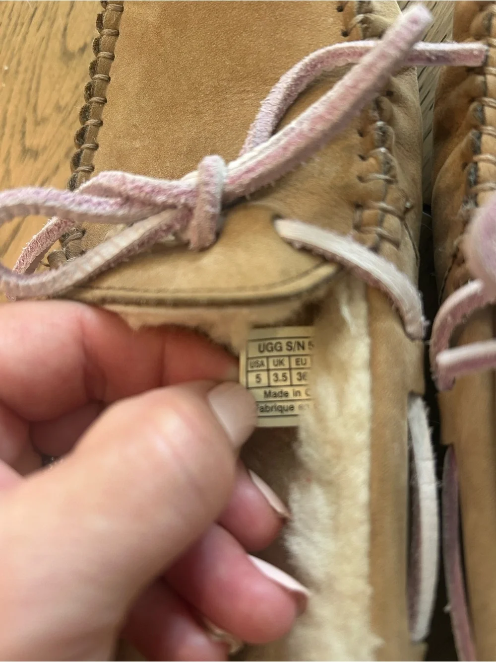 UGG Suede Moccasin Slipper in Chestnut with Light Pink Laces